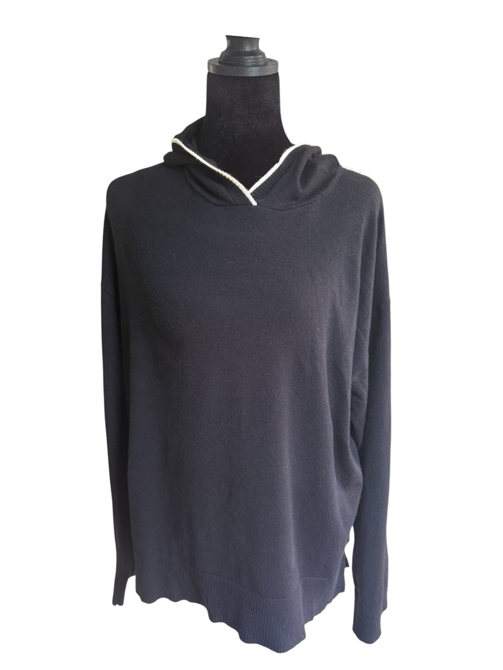 Max Studio London Hooded Sweater Women’s L Oversized Black Knit Stripe Detail